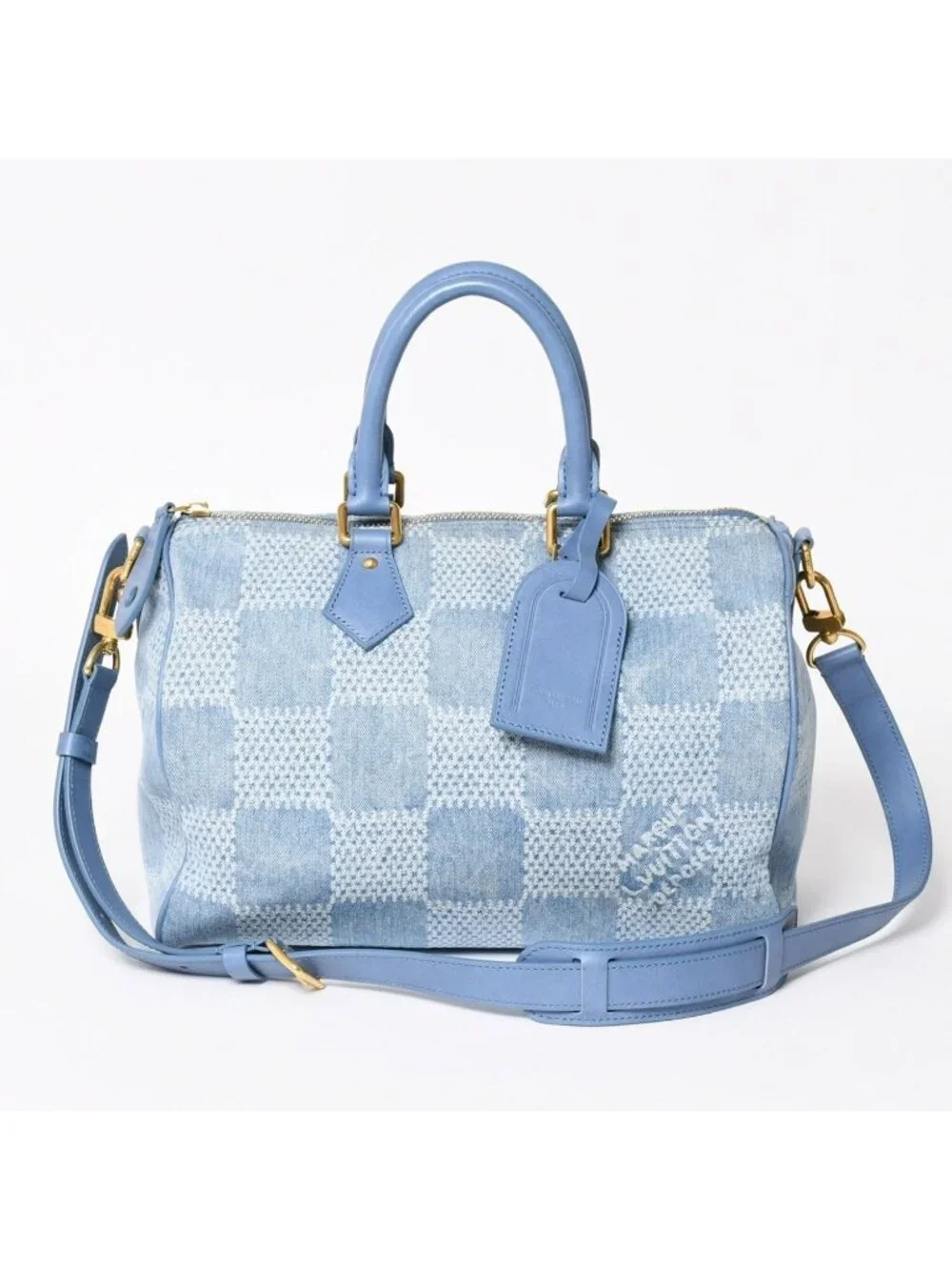 Louis Vuitton Speedy Bandouliere 30 Handbag Damier Denim 3D Cotton Blue Gold